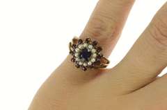 14K Yellow Gold Sapphire Seed Pearl Garnet Halo Cocktail Ring