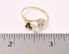 Graceful Pearl Ring With Blue Sapphire and Diamonds In 14K Yellow Gold