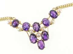 14K Yellow Gold 1940's Amethyst Cabochon Pearl Statement Necklace