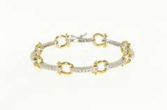 14K Yellow Gold Two Tone Bar Greek Omega Link CZ Tennis Bracelet