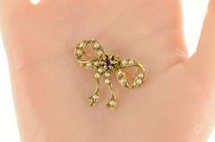 14K Yellow Gold Victorian Ruby Pearl Bow Ribbon Vintage Pin/Brooch