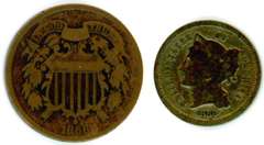 1866 Two Cent Piece and 1869 Three Cent Nickel