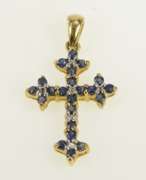 10K Yellow Gold Sapphire Diamond Classic Vintage Cross Pendant