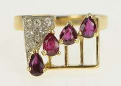 14K Yellow Gold 1940's Pear Natural Ruby Diamond Squared Ring