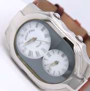 Philllip Stein Teslar Dual Time Zone Brown Leather Strap Watch