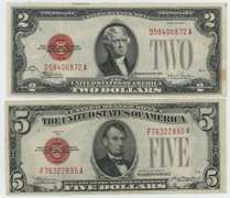 Very nice 1928 $2 Red Seal and 1928 $5 Red Seal Notes