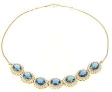 14K Yellow Gold Oval London Blue Topaz Halo Statement Necklace
