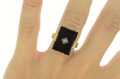 14K Yellow Gold Retro Squared Black Onyx Diamond Accent Ring