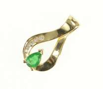 14K Yellow Gold Pear Emerald Diamond Ornate Freeform Pendant