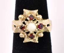 Gorgeous Moon Stone With Garnet Gems Ring In 14K Yellow Gold