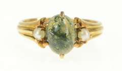 14K Yellow Gold Oval Moss Agate Cabochon Seed Pearl Ring