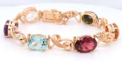 Stunning Yellow Gold Wire Swirl Link Multi Gemstone Station Bracelet