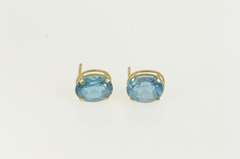 14K Yellow Gold Oval Blue Topaz Solitaire Classic Stud Earrings