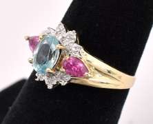 Amazing Blue Topaz and Pink Tourmaline Ring In 14K Yellow Gold