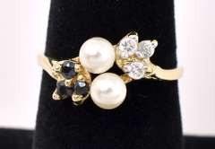 Graceful Pearl Ring With Blue Sapphire and Diamonds In 14K Yellow Gold