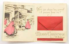 Vintage Merry Christmas Card Money Holder - Toy shop