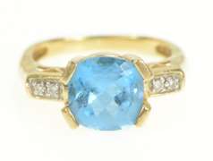 14K Yellow Gold Cushion Blue Topaz Diamond Accent Cocktail Ring