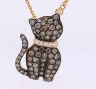 Gorgeous Yellow Gold Chocolate and White Diamond Cat Pendant on Diamond Station Necklace