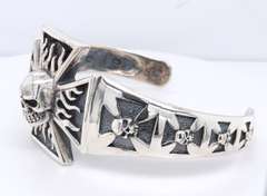925 Sterling Silver Iron Cross Skull Cuff Bangle