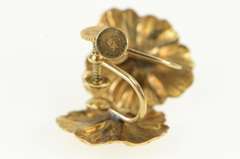 10K Yellow Gold 1960's Ruby Inset Hibiscus Flower Screw Back Earrings