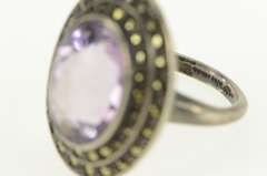 Sterling Silver Retro Oval Amethyst Marcasite Halo Cocktail Ring
