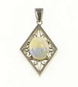 14K White Gold Oval Natural Opal Squared Filigree Statement Pendant