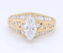 Fantastic Yellow Gold Marquoise and Round Brilliant Cut and Baguette Diamond Ring