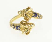 14K Yellow Gold Victorian Ornate Ram Capricorn Blue Enamel Ring