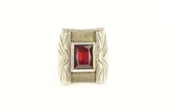 Sterling Silver Garnet Squared Southwestern Stamped OA Ring