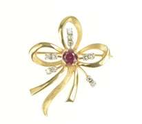 14K Yellow Gold 1930's Syn. Ruby Diamond Accent Bow Ribbon Pin/Brooch