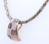Vintage 925 Sterling Silver Gemstone Pendant on Byzantine Chain Necklace