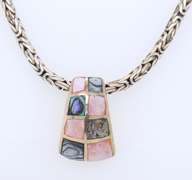 Vintage 925 Sterling Silver Gemstone Pendant on Byzantine Chain Necklace