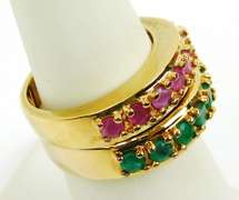 2 Sterling Vermeil Emerald & Ruby Stacking Rings, Size 6