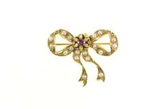 14K Yellow Gold Victorian Ruby Pearl Bow Ribbon Vintage Pin/Brooch