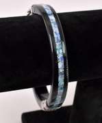Beautiful Black Agate and Opal Hinged Bangle In Sterling Silver