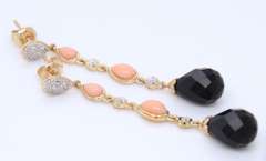Fantastic Black Onyx and Coral Dangle Earrings in Yellow Gold