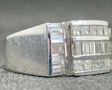 STUNNING BAGUETTE THREE ROW 14K WHITE GOLD RING