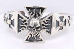 925 Sterling Silver Iron Cross Skull Cuff Bangle