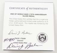2020 End Of WWII 75th Anniv Silver Medal David Ryder Sign COA NO COIN
