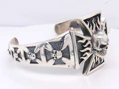 925 Sterling Silver Iron Cross Skull Cuff Bangle