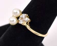 Graceful Pearl Ring With Blue Sapphire and Diamonds In 14K Yellow Gold