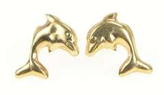 14K Yellow Gold High Relief Dolphin Ocean Animal Stud Earrings