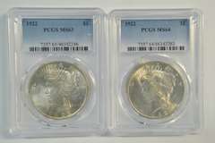 2 Choice to Near Gem BU 1922 Peace Silver Dollars. PCGS MS63 & 64