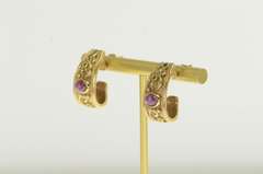 14K Yellow Gold Natural Ruby Etruscan Revival Semi Hoop Earrings
