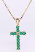Stunning Yellow Gold Emerald and Diamond Cross Pendant on Chain