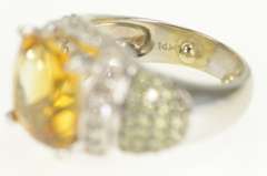 14K White Gold 4.30 Ctw Cushion Citrine Diamond Statement Ring