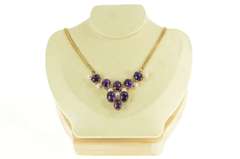 14K Yellow Gold 1940's Amethyst Cabochon Pearl Statement Necklace