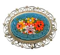 Vintage Millefiori Italian Micro Mosaic Oval Pin Brooch with Floral Design