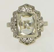 14K White Gold Art Deco Filigree CZ Diamond Accent Vintage Ring