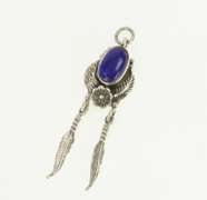 Sterling Silver Oval Blue Glass Southwestern Feather Flower Pendant